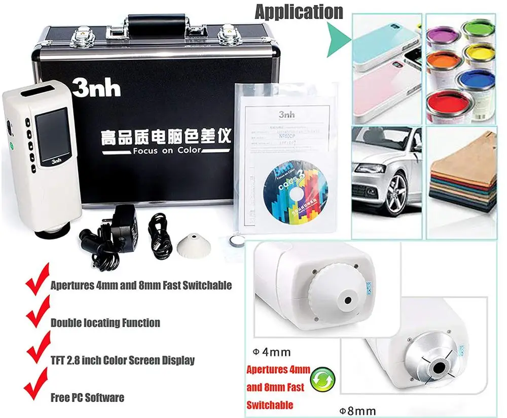 

Double Locating Colorimeter Color Reader Color Difference Meter Tester Analyzer Switchable Apertures 4mm and 8mm NR60CP