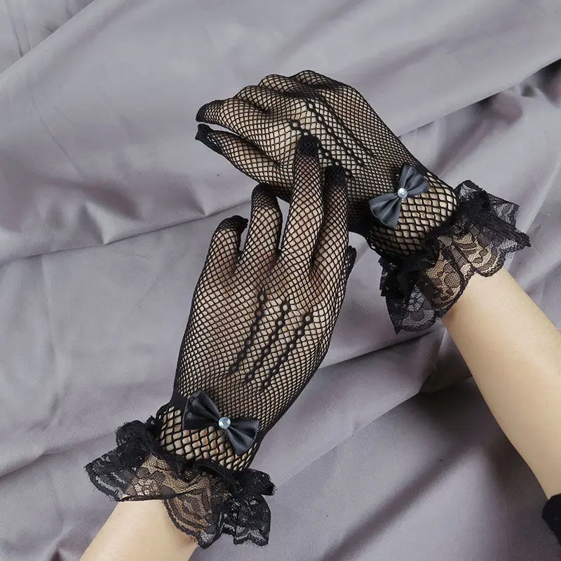 Elegant Ladies Short Lace Gloves Sheer Fishn Net Black White Prom Party