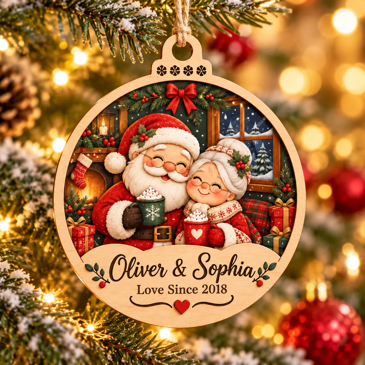 Custom Name Christmas Ornament Personalized Photo Wooden Hanging Decoration Double Layer Wood Christmas Tree Decor Holiday Gift
