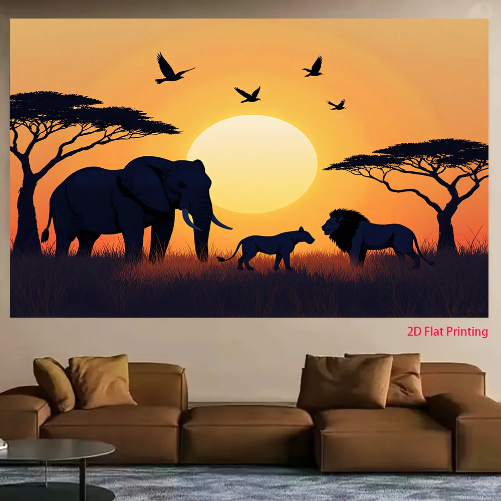 African Safari Sunset Elephant Lion Silhouette Acacia Tree Tapestry 2D Flat Wildlife Landscape Wall Hanging for Living RoomDecor