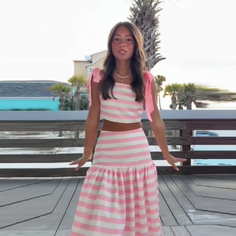 

Vacation Sweet Striped Top Ruffle Skirt Set Vintage Stylish Chic Women Casual Cute Female Beach Summer Vibrant Outfits
