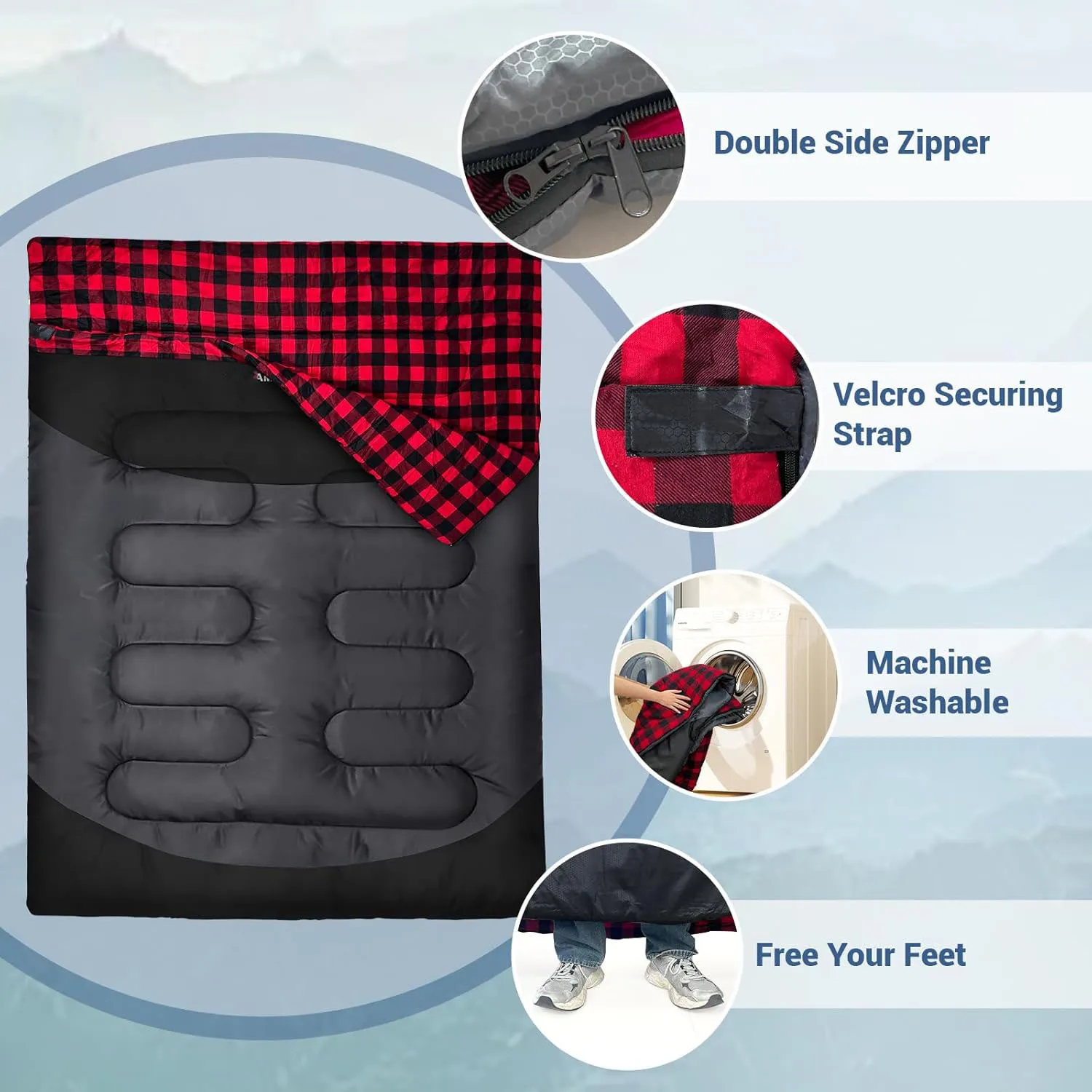 Cotton Flannel Double Sleeping Bag, Adult Machine Washable Camping Sleeping Bag, Large Waterproof Compression Bag