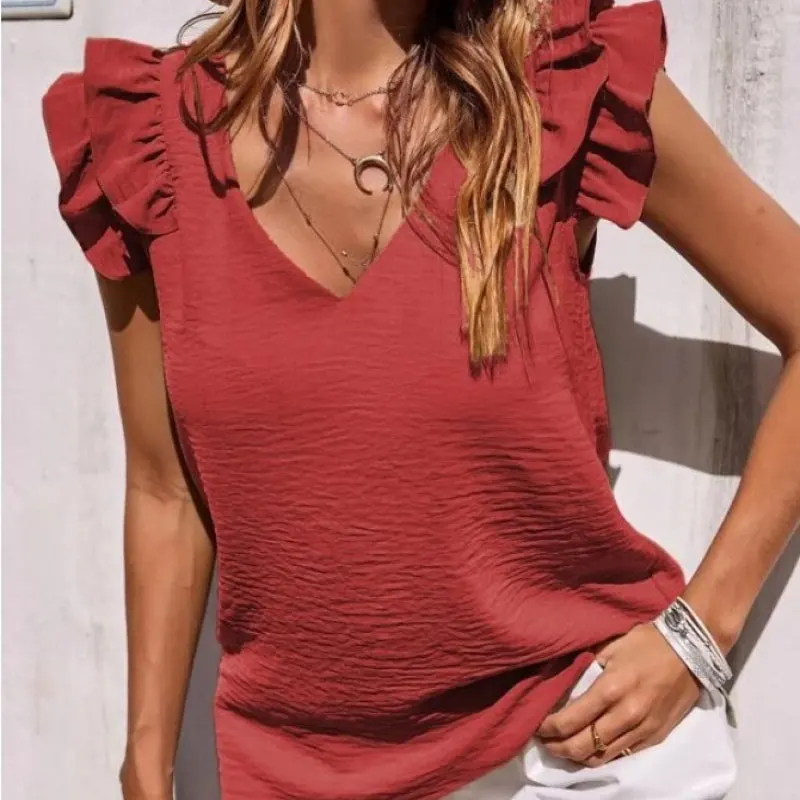 Elegant Fashion Ruffles Folds Sleeveless Blouse Woman Clothing 2023 Summer New Street V-Neck Pullovers Loose Solid Shirts Female