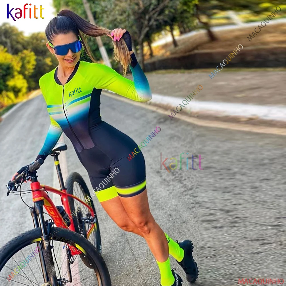 Triathlon Little Monkey Women's Long Sleeve Cycling Jersey Jumpsuit Sweatshirt Bike Tights Racing Professional Team Uniform SetL