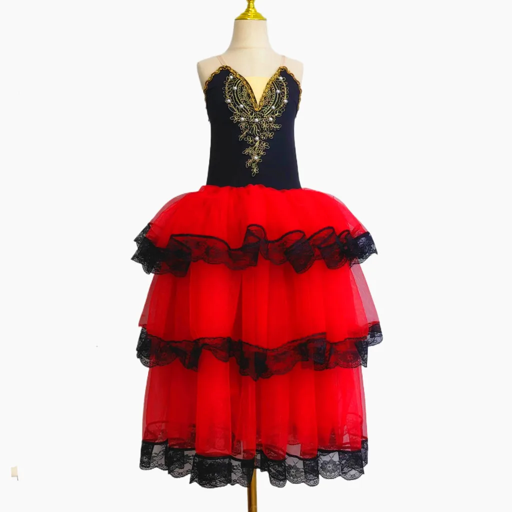 Red Spanish Dress Romantic Tutu for Adult Girls Long Tutu Skirt for Girls Soft Tulle Long Dress Performance Costumes