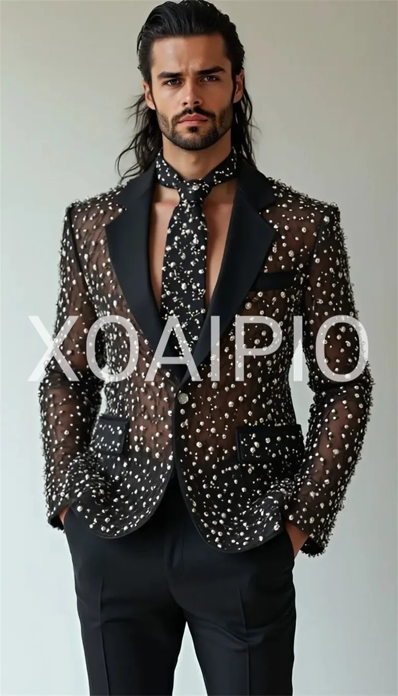

Sexy Sheer Men Suits 2 Piece Beaded Blazer+Pants Luxury Prom Wedding Tuxedo Coat Custom Made Formal Office Jacket Trousers