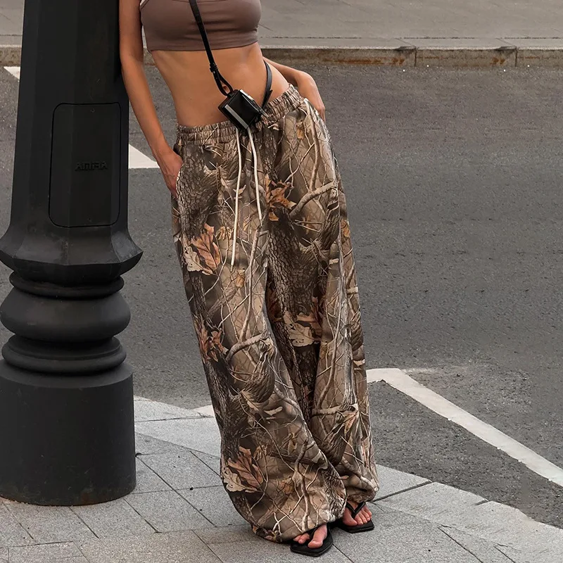 

European station retro branch print loose low waist elastic drawstring pants Spice girl street fashion straight casual trousers
