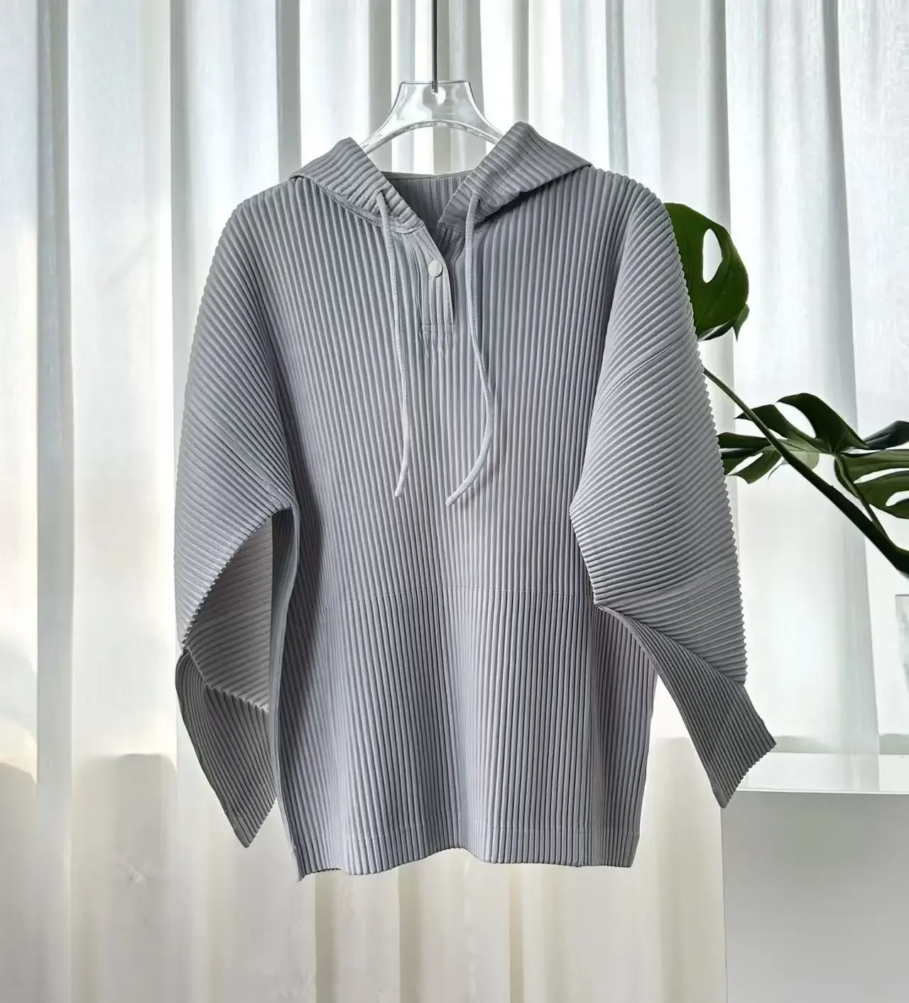 Miyake Women Pleated Hooded Top Drawstring Long Sleeve Loose Solid Color Vertical Pleat Blouse