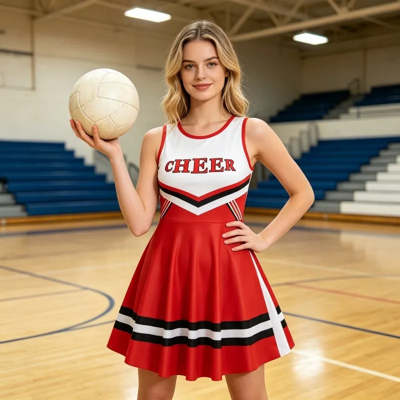 Cheerleading Uniform Set with V-Neck Sleeveless Top & Pleated Skirt Complete Costume