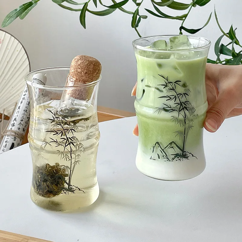 Ink painting bamboo node cup, new Chinese style glass cup, heat-resistant tea brewing design sense