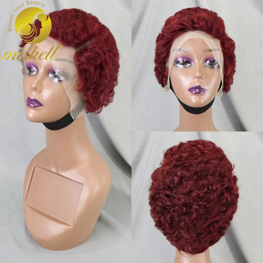 6 Inch 180% Density Burgundy Short Curly Pixie Cut Bob Wig 13x4 Lace Frontal Wigs Remy Brazilian Human Hair Wigs For Black Women