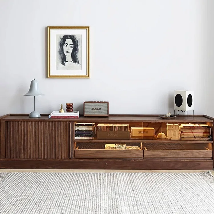 Black walnut full floor TV cabinet Nordic small apartment cherry wood living room audio-visual cabinet retro low cabinet