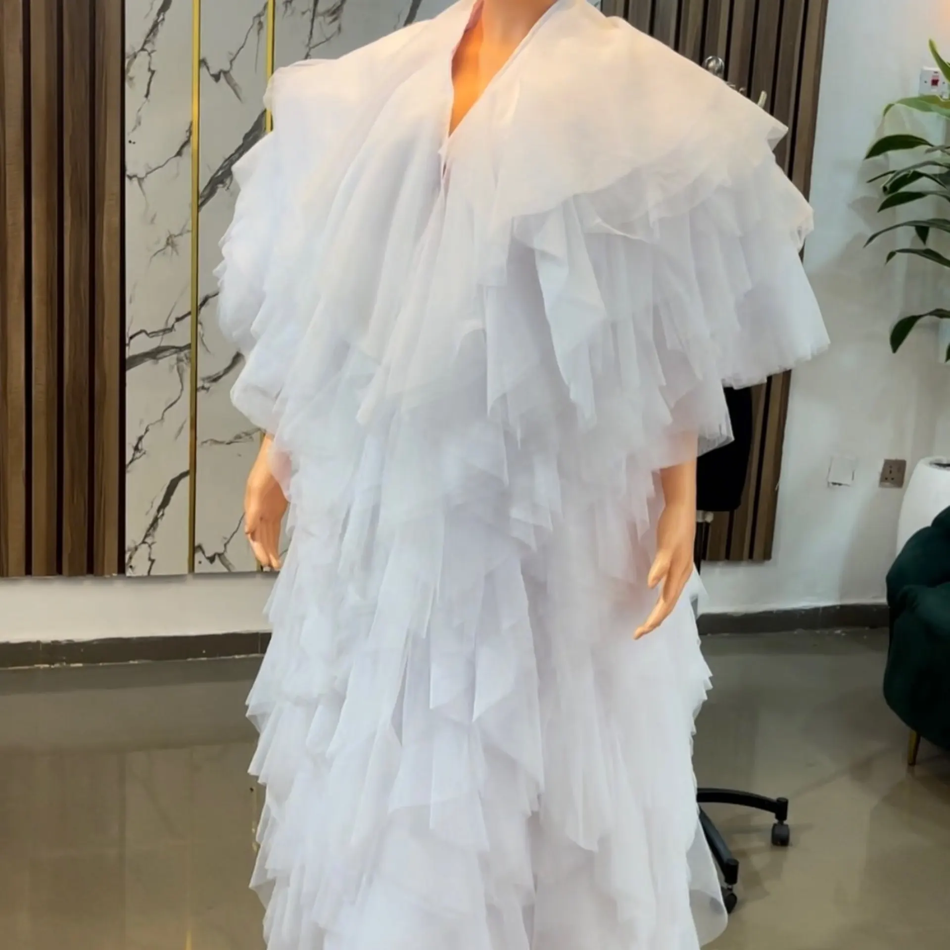 

Haute Couture White Ruffled Tulle Coat Designer Layered Oversized Jacket Unique Fashion Statement Piece, Elegant Sheer Outerwear