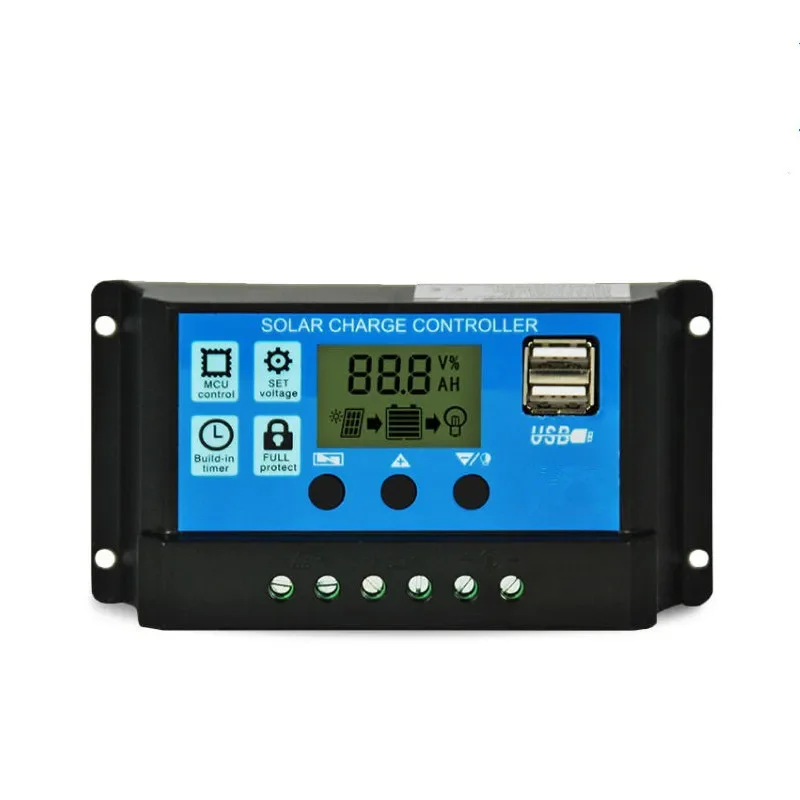 Pengontrol pengisi daya matahari, 60A/50A/40A/30A/20A/10A pengontrol PWM otomatis tampilan LCD 5V pengontrol Output USB ganda