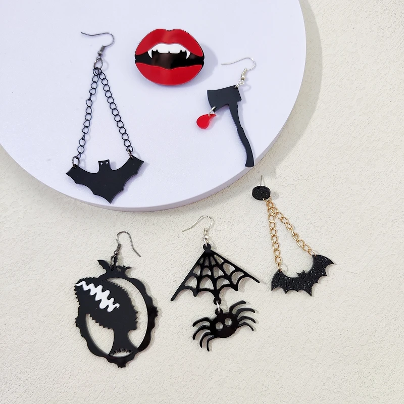 KUGUYS Halloween Dangle Black Earrings for Women Goth Bat Spider Axe Acrylic Gothic Jewelry Accessories