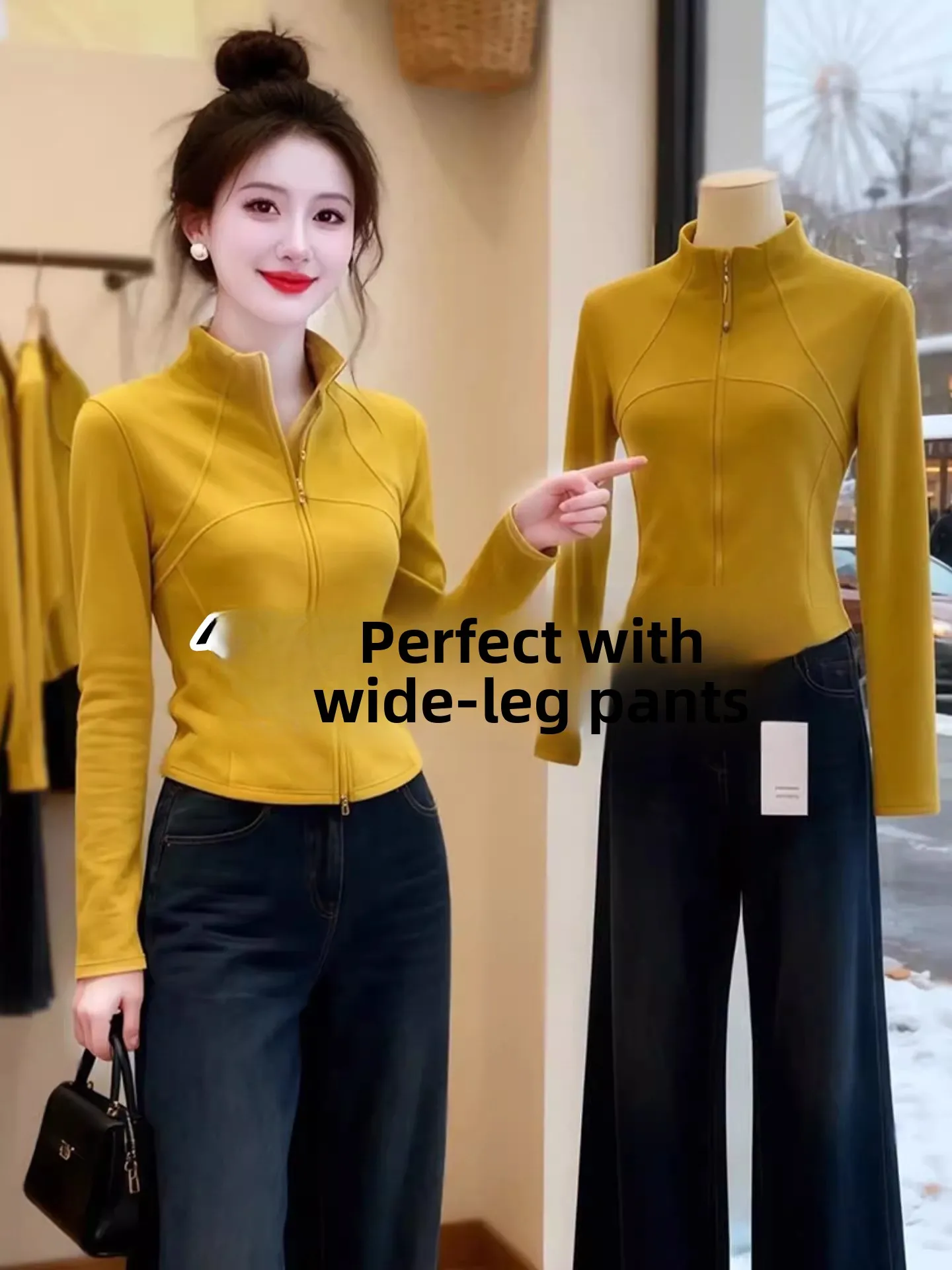 

Желтый свитшот с воротником-стойкой, осенне-зимний, новый, с высоким воротником, открытый кардиган, женский, модный, удобный, дышащий