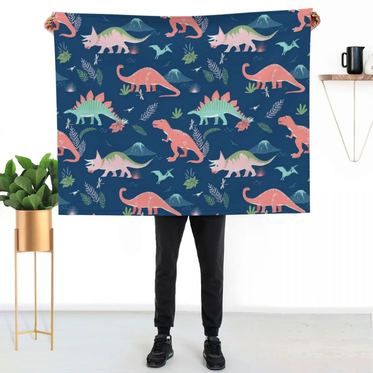 Jurassic Dinosaur in Blue + Coral Throw Blanket Travel Size Cozy Blanket for Plane Train