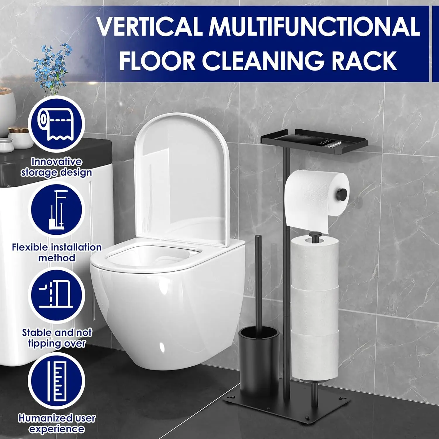 

Black Stainless Steel Toilet Paper Holder with Brush and Shelf Free Standing Toilet Roll Paper Holder for Bathroom Accessories