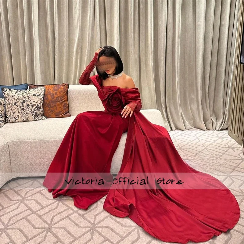 Vestidos de noche personalizados con flores en 3D y hombros descubiertos, vestido de fiesta de manga larga plisado de satén, vestidos de fiesta formales hasta el suelo