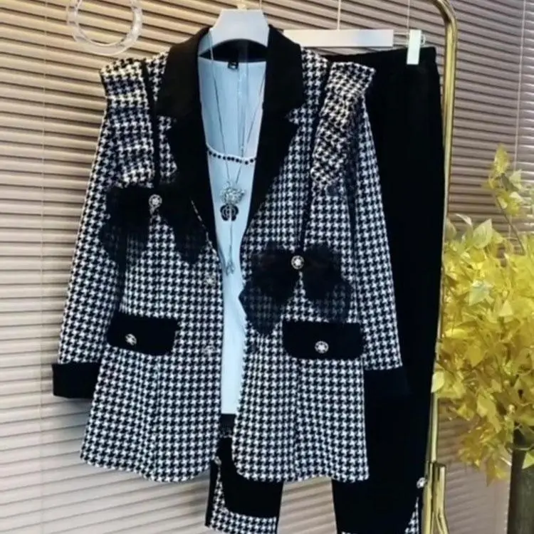 

Plus Size 2XL-6XL Women Office Ladies Suit Houndstooth Blazer Jacket Coat Top And Pant Piece Set Outfit Ladies Workwear Clothing