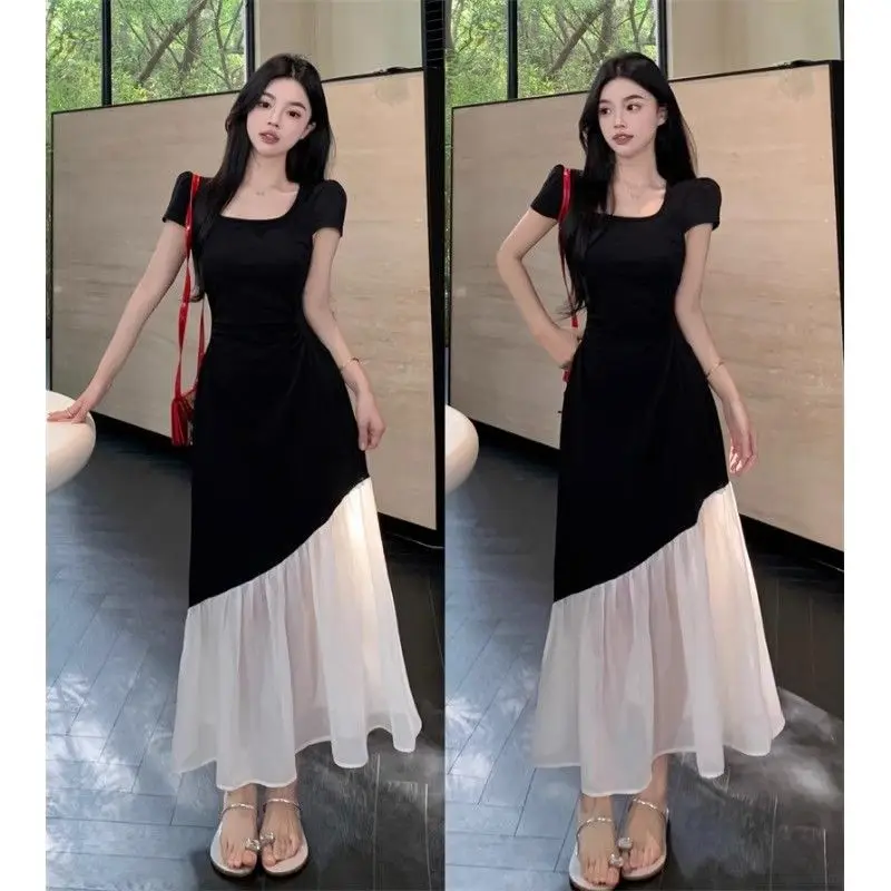 plus Size Summer Short Sleeve Dress Women's Waist Cinching Slimming Patchwork Long Dress Slightly Plump MM Hepburn Style Colo...