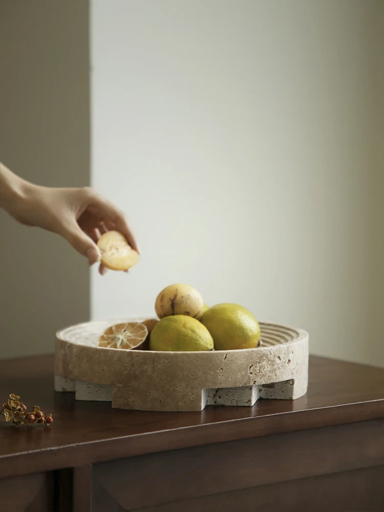 Beige Travertine Stone Tray Storage Container for Salad Bread Vintage Marble Fruit Bowl for Table Decor and Kitchen Counter