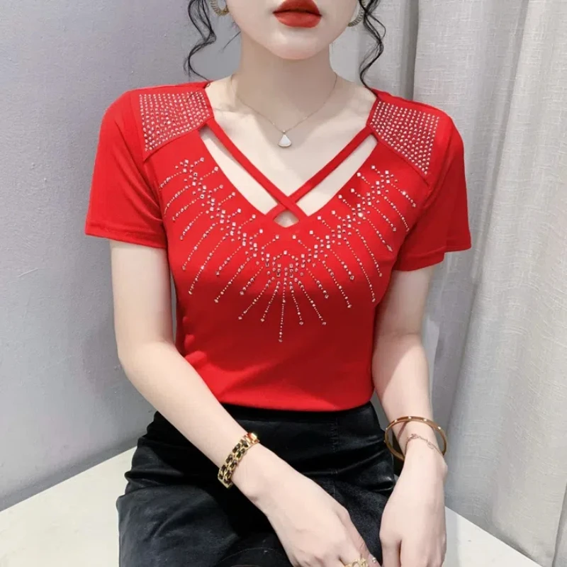 Hollow Out V Neck Net Yarn T Shirts Women\'s Short Sleeve Summer New Solid Color Slim Office Tops Tees Elegant Fashion Clothing