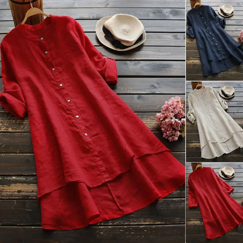 2025 Casual Women's Cotton Linen Dress With Embroidered Shoulder Inserts Seven-Half Sleeves Button-Up Style New Arrival