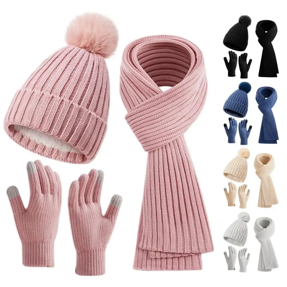 Winter Hat Scarf Gloves Set Unisex Knitted Warm Plush Ball Decor Outdoor Fleece Lined Full Beanie Set