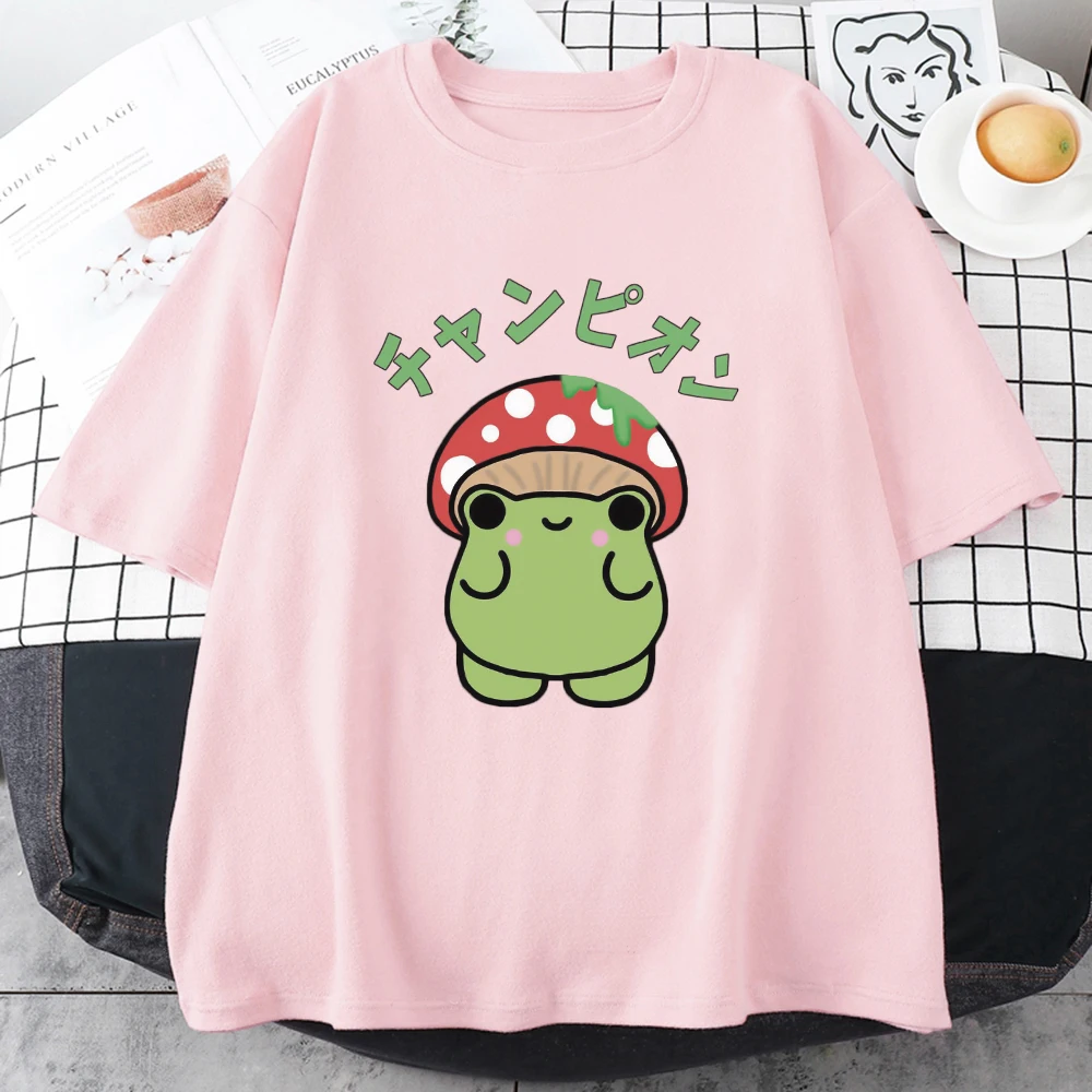 Bonito vestindo cogumelos sapo manga curta puro algodão t camisa feminina engraçado impresso verão solto topos casuais t harajuku ulzzang