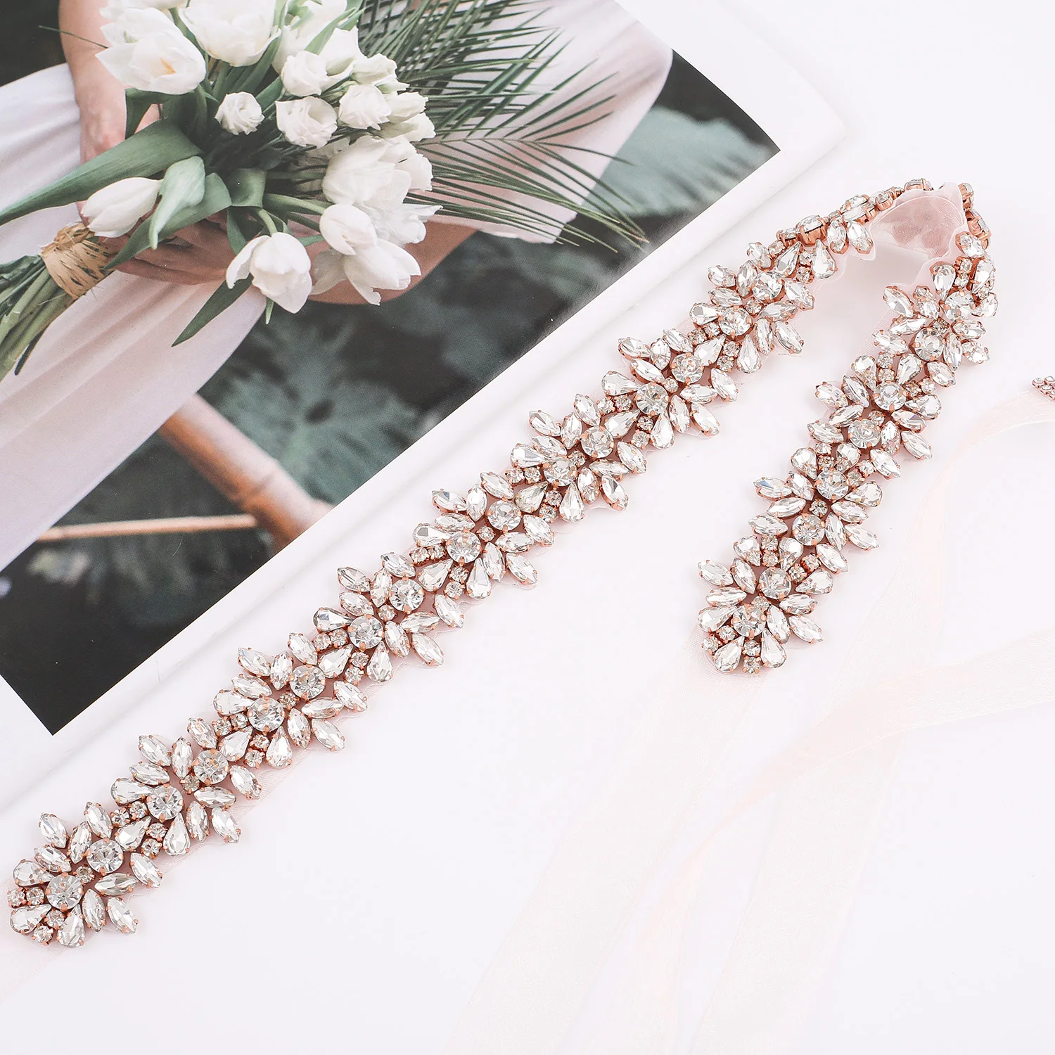 Nzuk Handgemaakte Strass Trouwjurk Riem Rose Goud Kristal Riem Voor De Bruid Accessoires