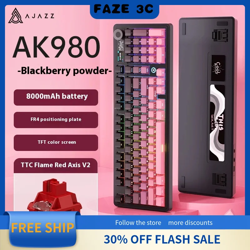 AJAZZ AK980 новая механическая клавиатура для киберспорта, трехрежимная 98 клавиш, беспроводная игровая клавиатура для киберспорта с цветным экраном, игровая клавиатура, подарок