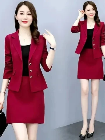 

Slim Fit Spring Autumn Thin Suit Skirt Two Piece Set for plus Size Women Korean Style High Waist Short Skirt Commute Wear