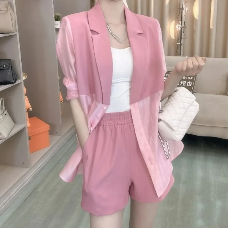 

Internet Celebrities Contrasting Splicing Sunscreen Suit Women's Spring Summer Collar Shirt High Waist Shorts Three-piece Set