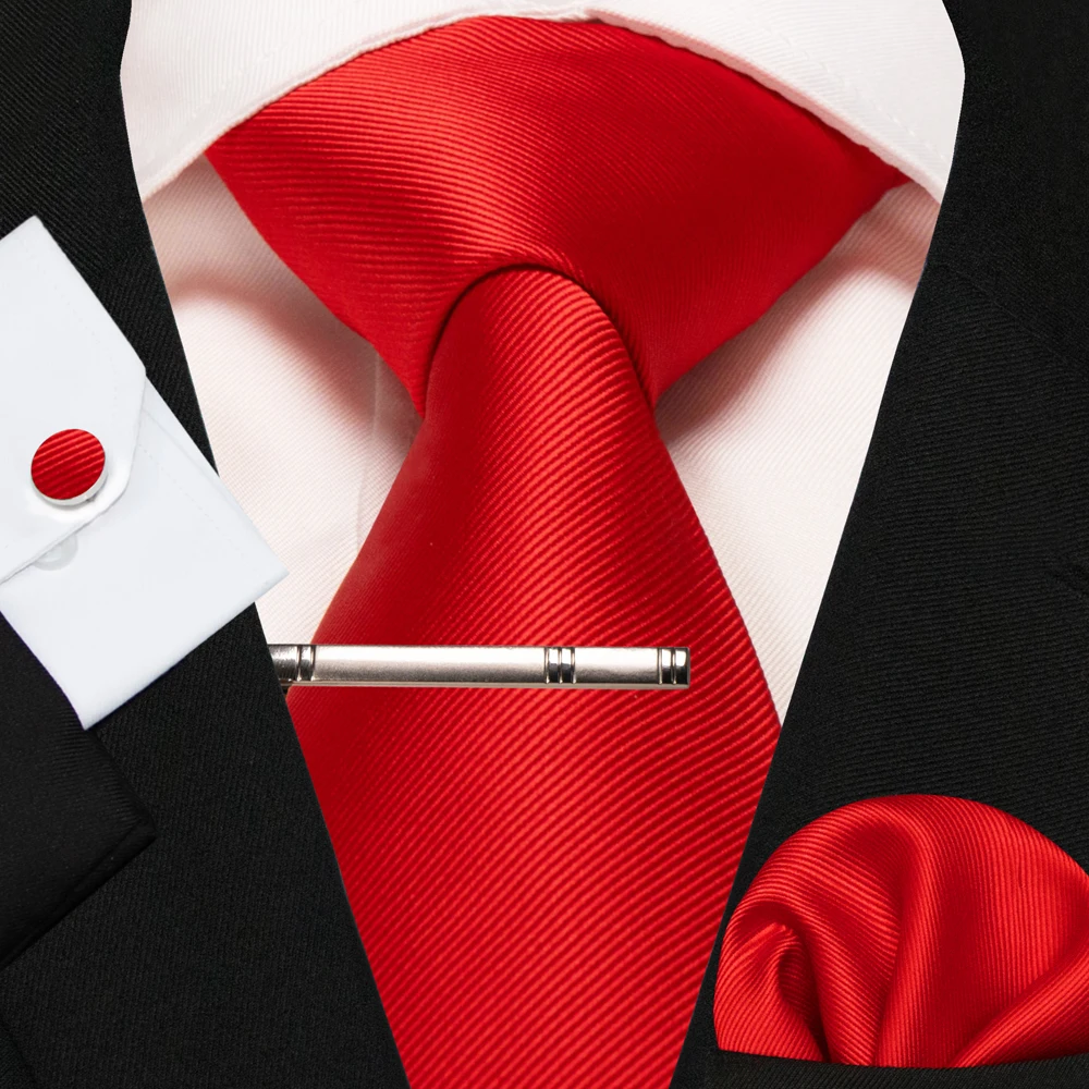 Klassische Seidenkrawatte für Herren in Rot, Blau, Grün, Business-Hochzeitskrawatte für Männer, Set mit Einstecktuch und Manschettenknöpfen, Geschenk für den Bräutigam – Detail 5