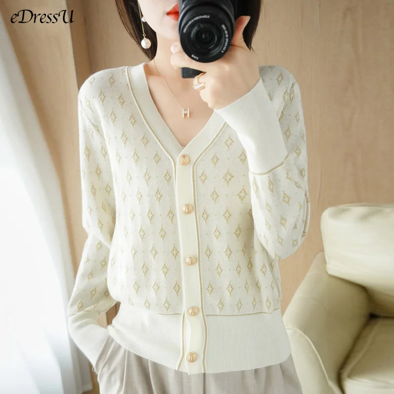 

eDressU 2023 New Women Cardigan Geometric Sweater Knitted Jacket High Quality Soft Elegant Office Lady Knitwear HW-014