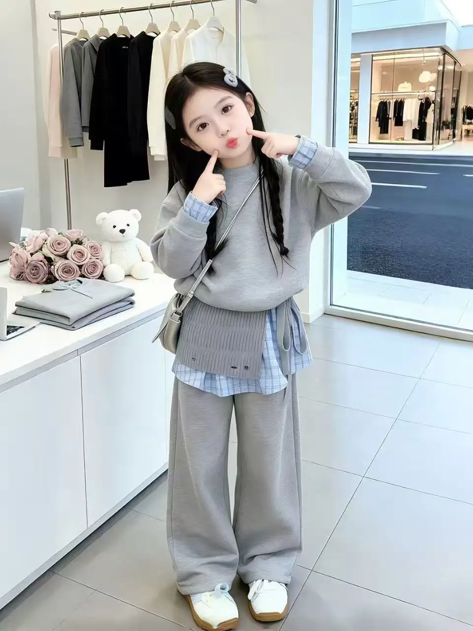 Girls Sporty Plaid Long Sleeve Outfit Three Piece Set Breathable Comfortable Fashionable Online Exclusive Autumn Wear