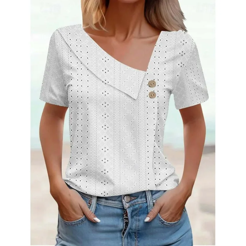 

Women's Asymmetric V-neck Eyelet Blouse Button Decor Short Sleeve Casual T-shirt