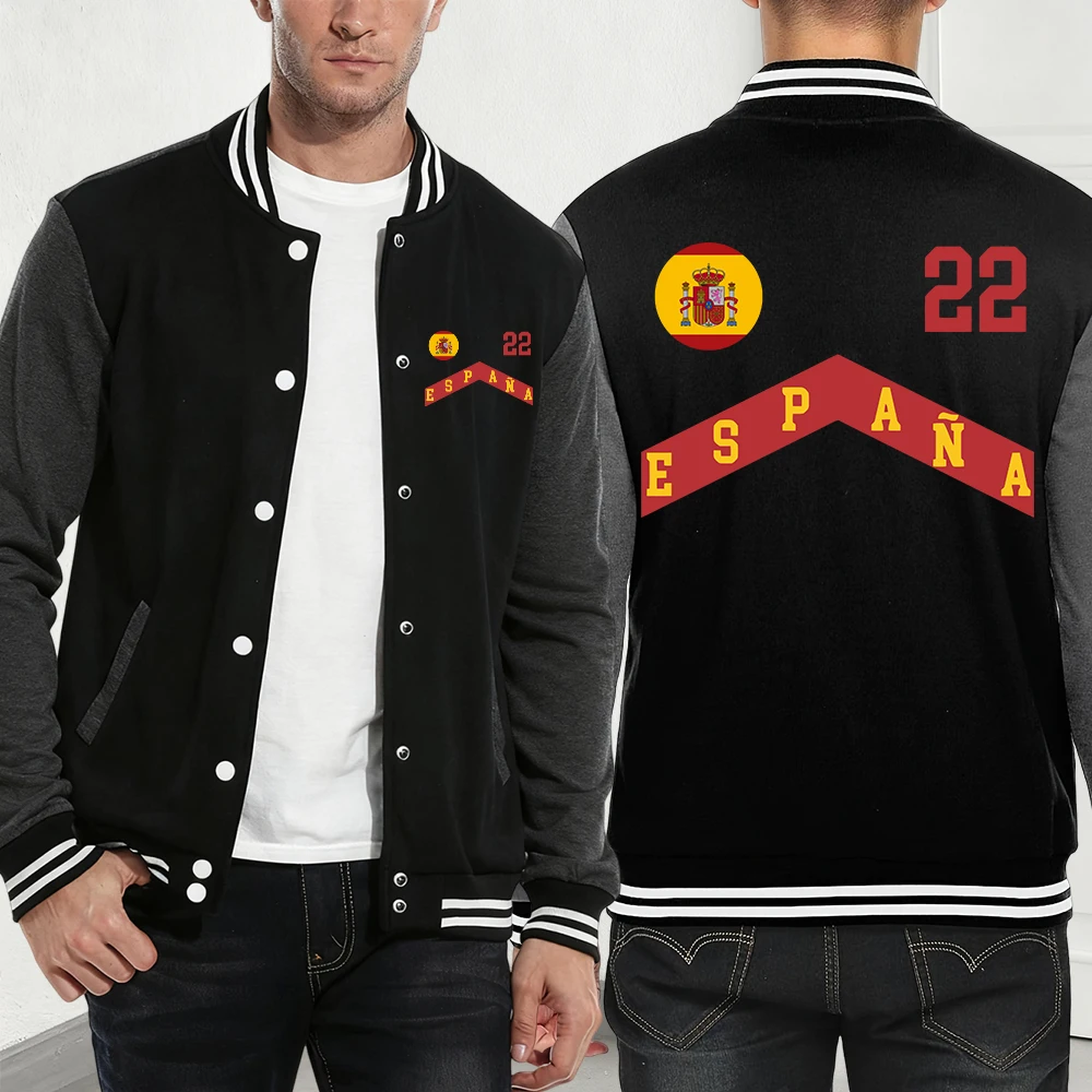 

Spain Flag Red Yellow Prints Baseball Coat Mens Winter Fleece Warm Jackets Casual Street Pocket Tops Fashion Loose Male Clothes