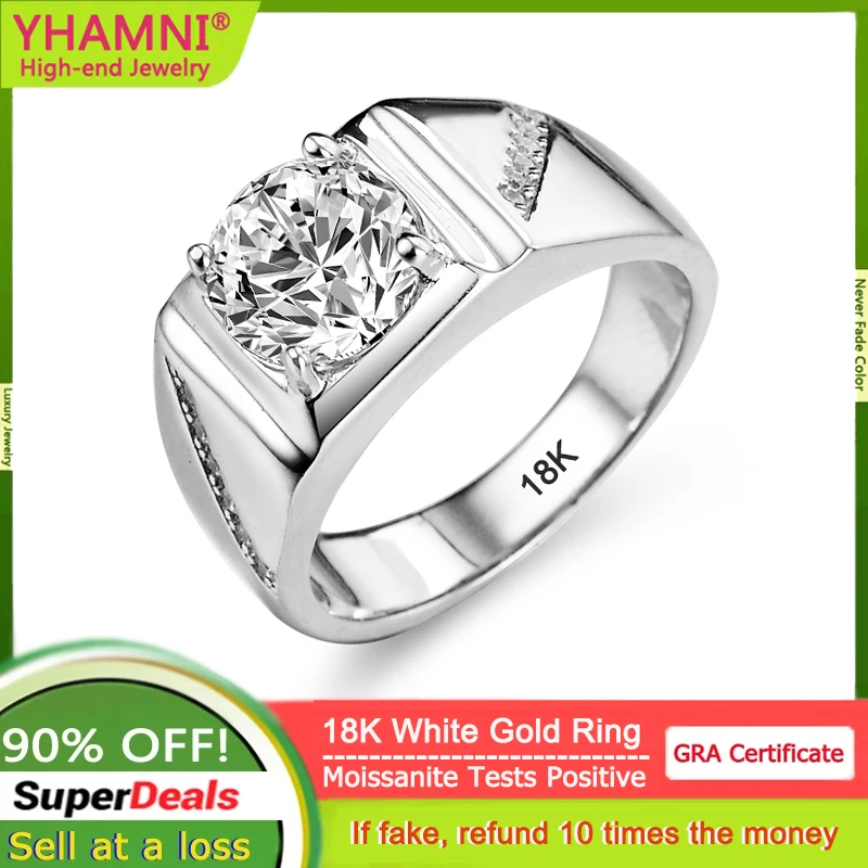 

YHAMNI Classic 18k White Gold 2 Carat Moissanite Round Brilliant Lab Diamond Solitaire Engagement Wedding Rings Gift for Men