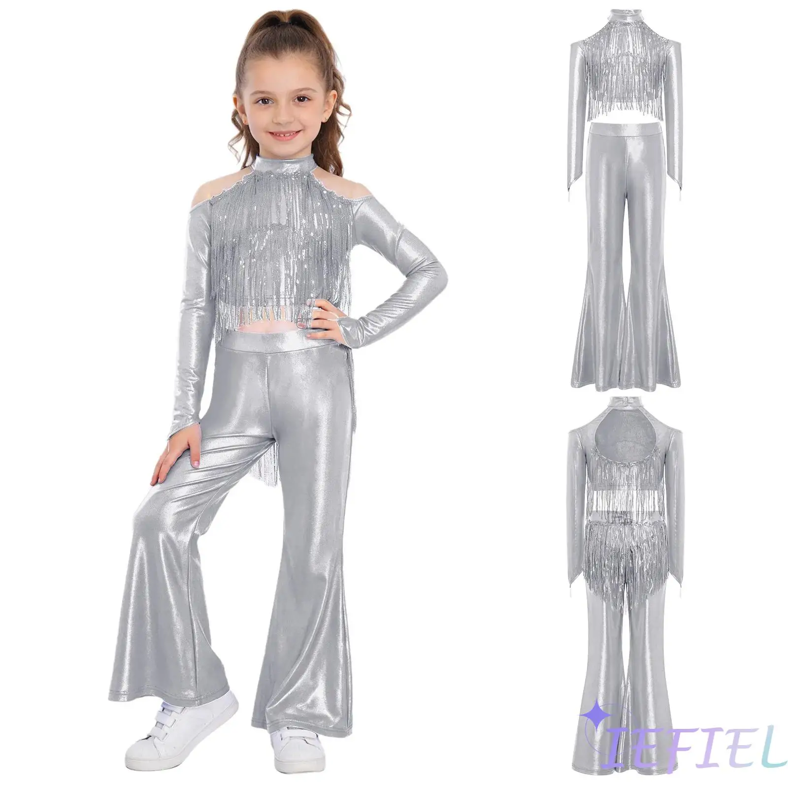 

Girls Pageant Party Dance Costume Finger Holes Sparkling Sequin Tassels Metallic Crop with Pant for Jazz Hip Hop Street Dance