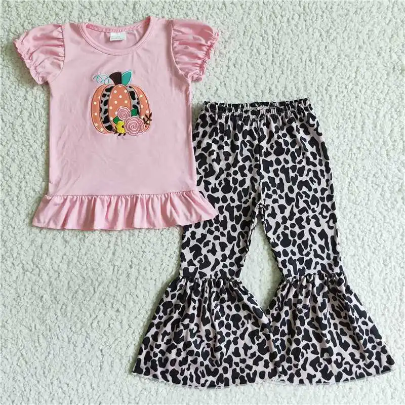 

Wholesale Summer irls Short-Sleeved Trousers Halloween Suit Bell-Bottom Pants Embroidered Elements Round Neck