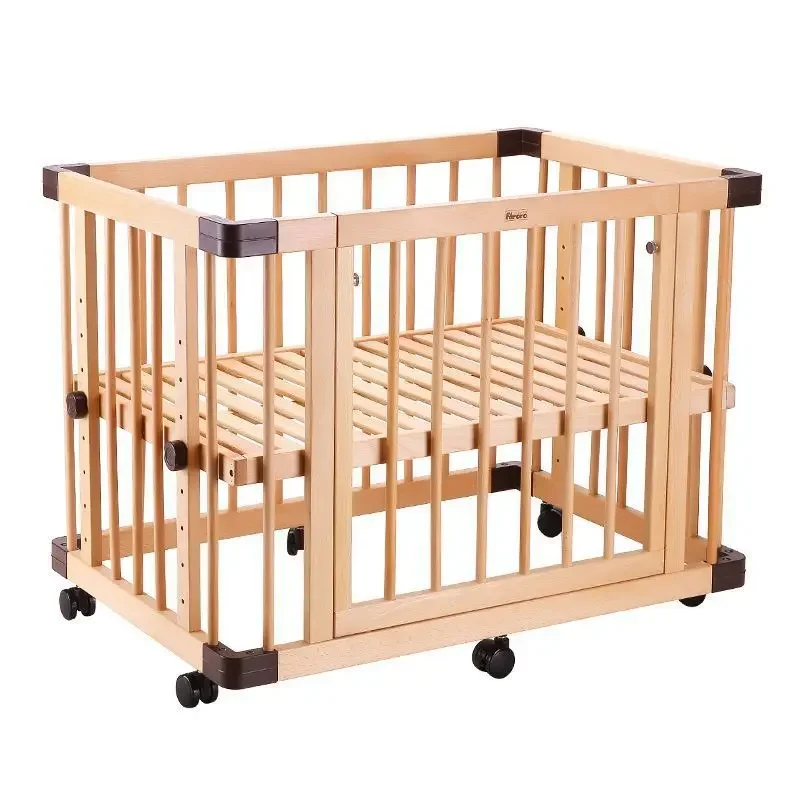 Crib Solid wood baby splicing bed, multi-functional movable lift with roller neonatal fence bed