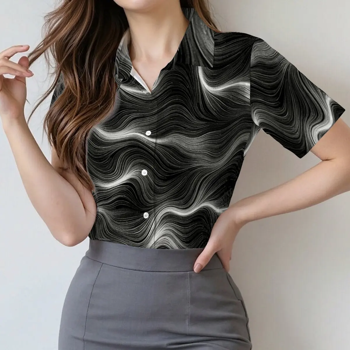 

Minimalist and personalized line printed women's short sleeved lapel shirt, summer fashion, daily versatile casual top