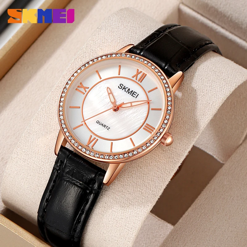 SKMEI موضة ساعة نسائية فاخرة كوارتز ساعات المعصم للنساء هدايا ماركة جلدية السيدات ساعات ذهبية وردية Reloj Para Mujer