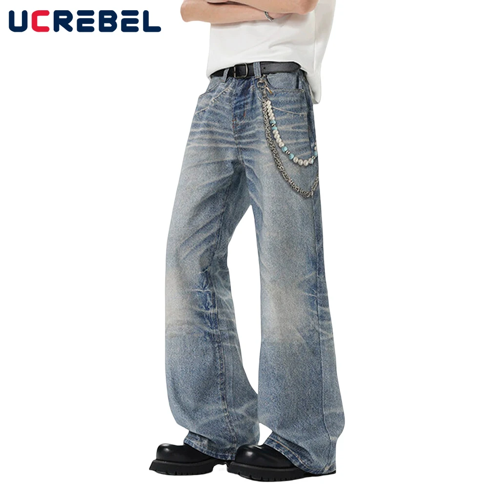 

Chain Print Jeans Mens Pocket Hip Hop High Street Retro Washed Distressed Baggy Straight Wide Leg Denim Pants Men