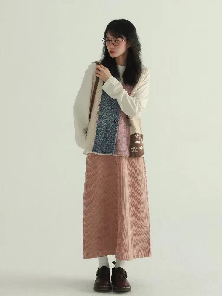 Vintage Patchwork Knit Vest Women Y2K Korean Chic Ethnic Style Sleeveless Coat Autumn Warm All Match Splicing Sweater Mujer