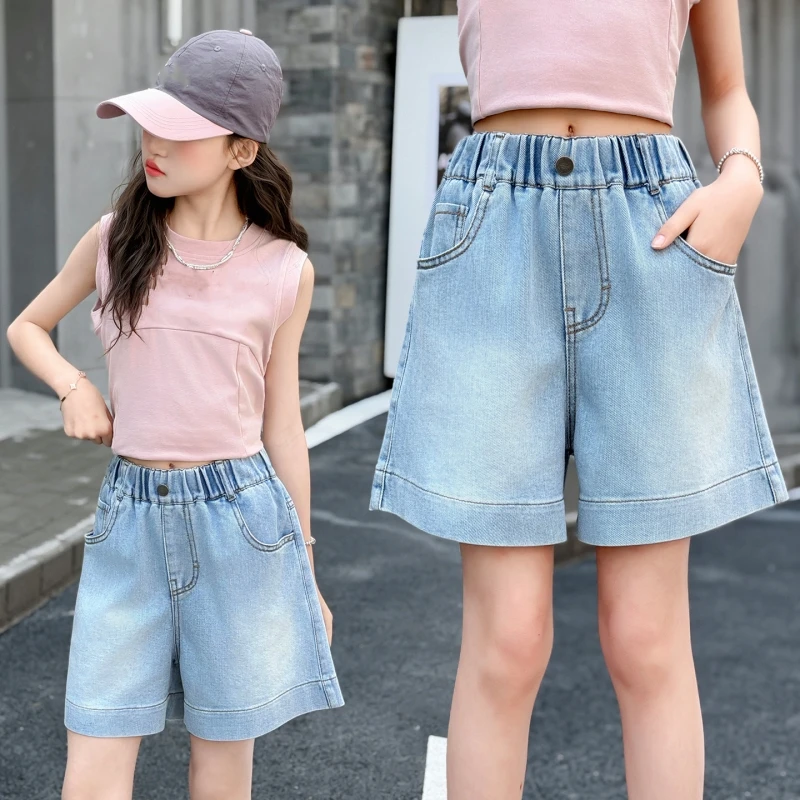 Kids Girls Summer Denim Shorts, Light Blue Washed Rolled Hem Jean Shorts with Pockets 6-14Y