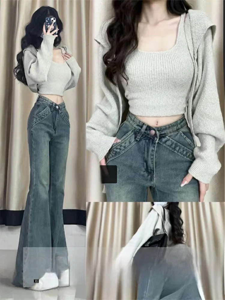 

Джинсы-клеш с низкой талией для женщин, летние, с рваным краем, в американском ретро-стиле, длинные брюки в пол, модные