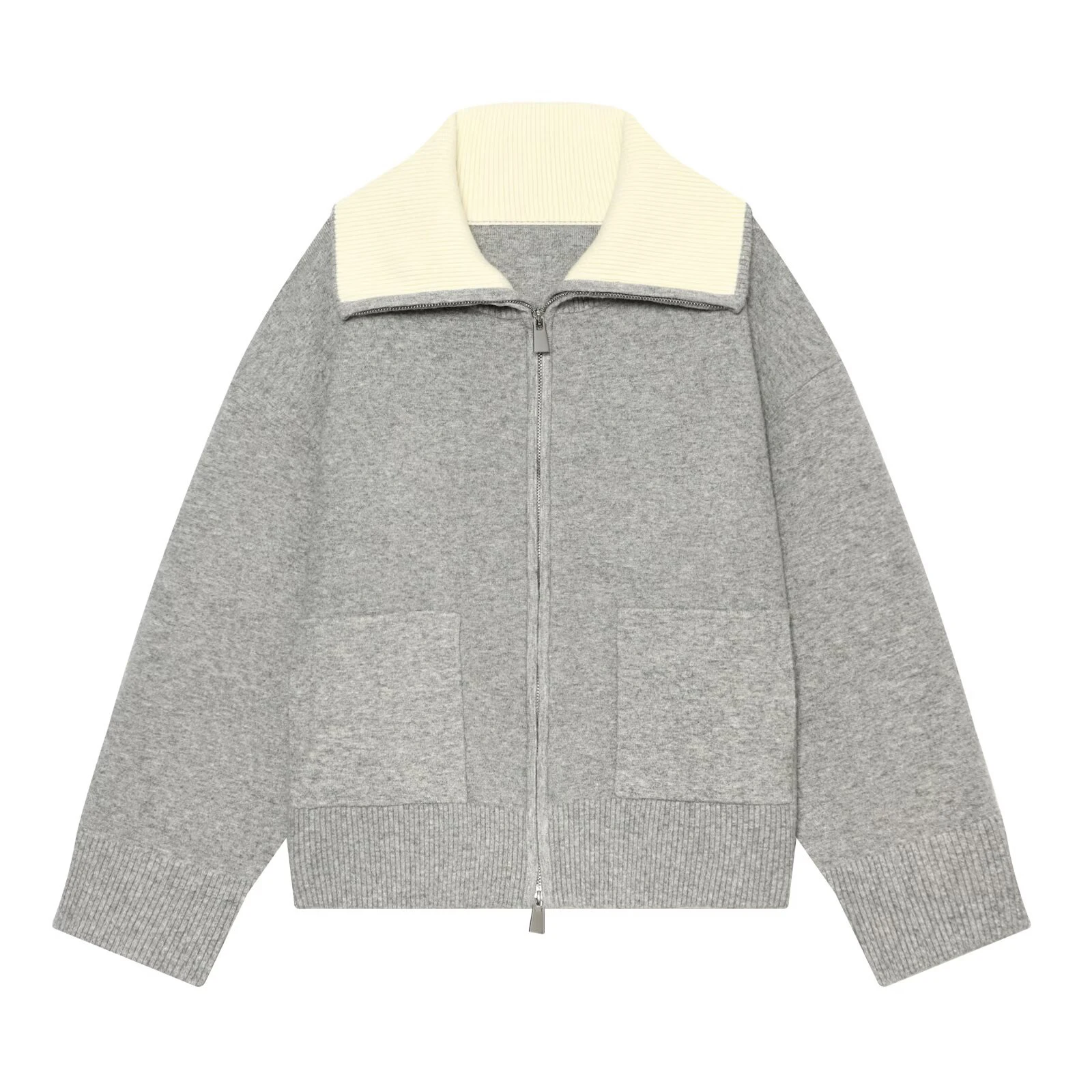European and American style 2026 winter new women's long sleeved high neck patchwork collar loose knit cardigan jacket